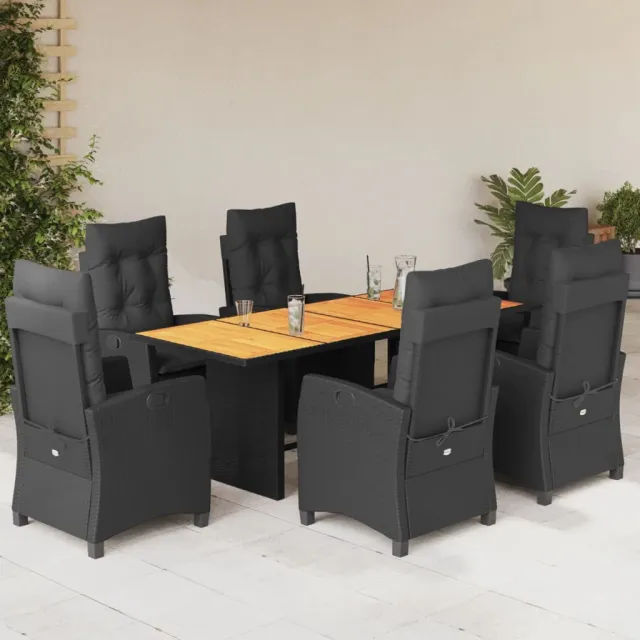 Ensemble à manger de jardin coussins 7pcs Noir Résine tressée