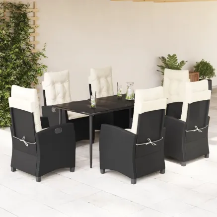 Ensemble à manger de jardin coussins 7pcs Noir Résine tressée