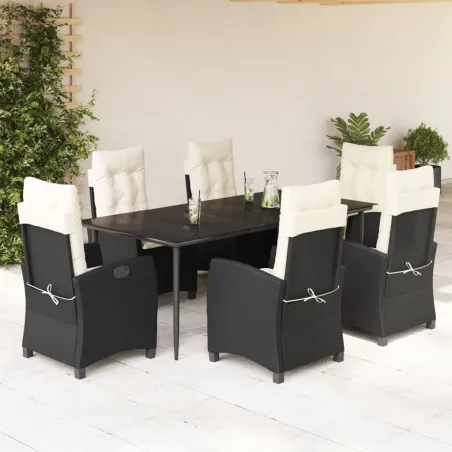 Ensemble à manger de jardin coussins 7pcs Noir Résine tressée
