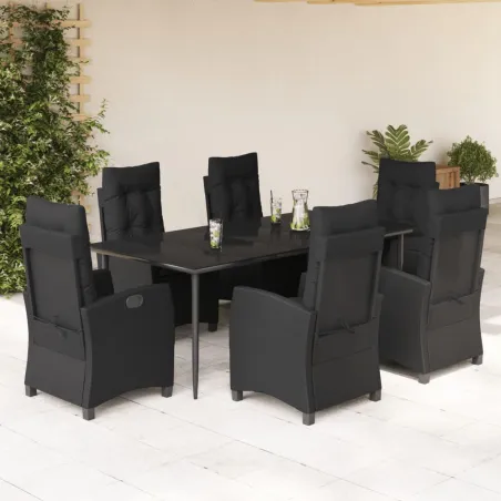 Ensemble à manger de jardin coussins 7pcs Noir Résine tressée