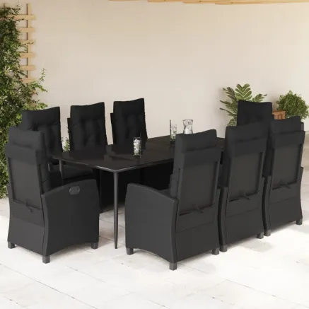 Ensemble à manger de jardin 9pcs coussins noir résine tressée