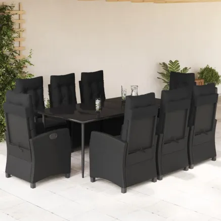 Ensemble à manger de jardin 9pcs coussins noir résine tressée