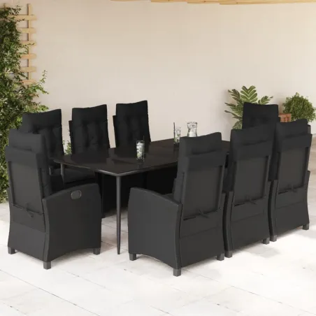 Ensemble à manger de jardin 9pcs coussins noir résine tressée