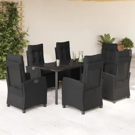 Ensemble à manger de jardin coussins 7pcs Noir Résine tressée