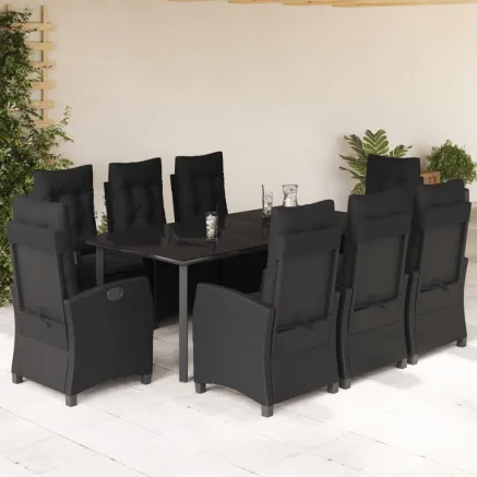 Ensemble à manger de jardin 9pcs coussins noir résine tressée