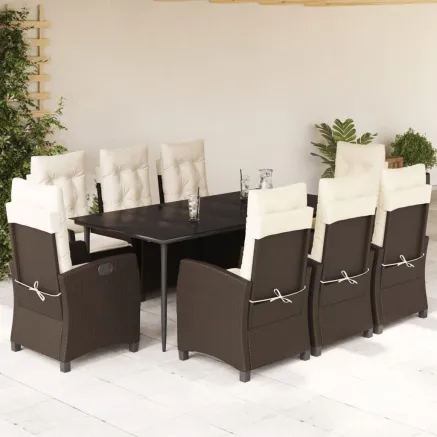 Ensemble à manger de jardin et coussins 9 pcs marron poly rotin