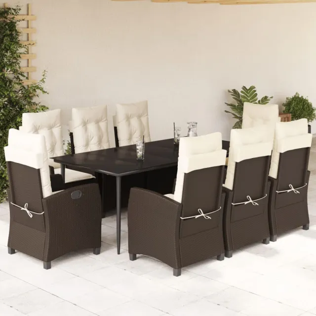Ensemble à manger de jardin et coussins 9 pcs marron poly rotin