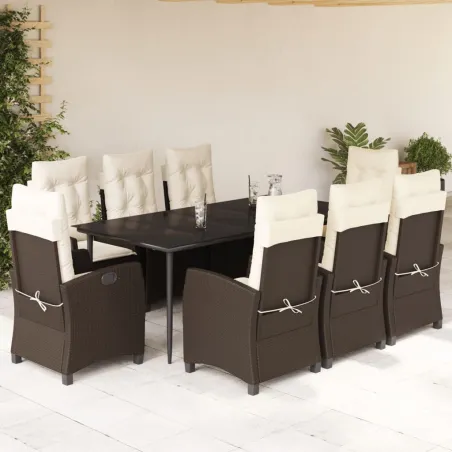 Ensemble à manger de jardin et coussins 9 pcs marron poly rotin