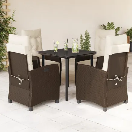 Ensemble à manger de jardin 5 pcs et coussins marron poly rotin
