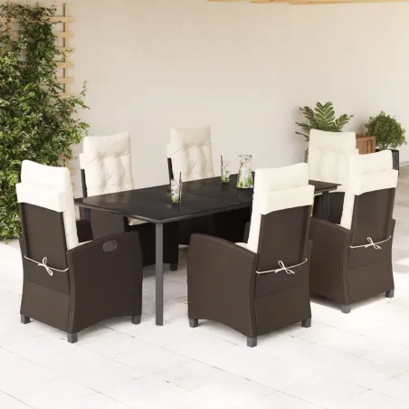 Ensemble à manger de jardin et coussins 7 pcs marron rotin