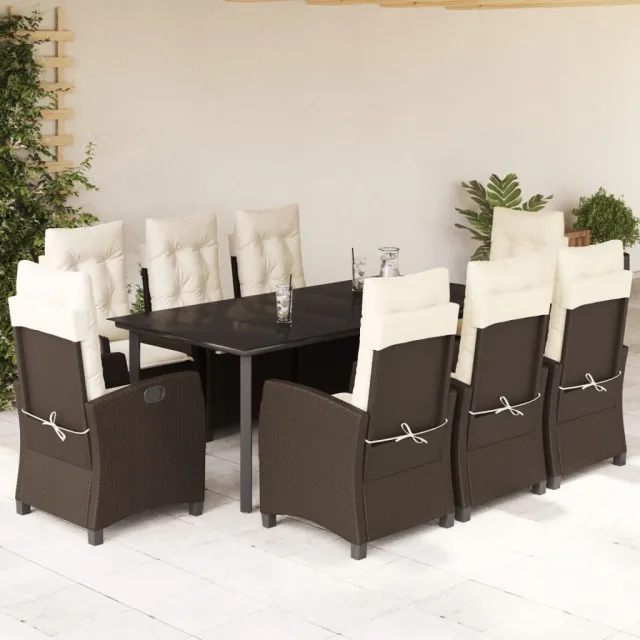 Ensemble à manger de jardin et coussins 9 pcs marron poly rotin