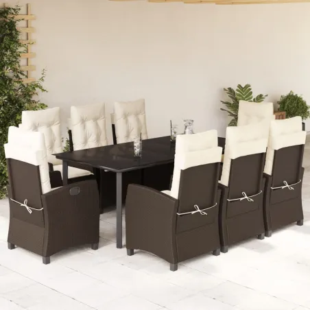 Ensemble à manger de jardin et coussins 9 pcs marron poly rotin