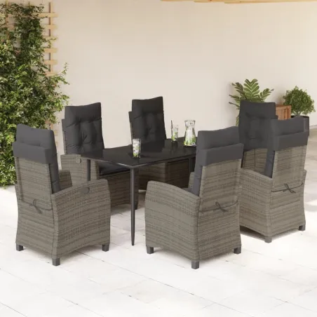 Ensemble à manger de jardin et coussins 7 pcs gris rotin