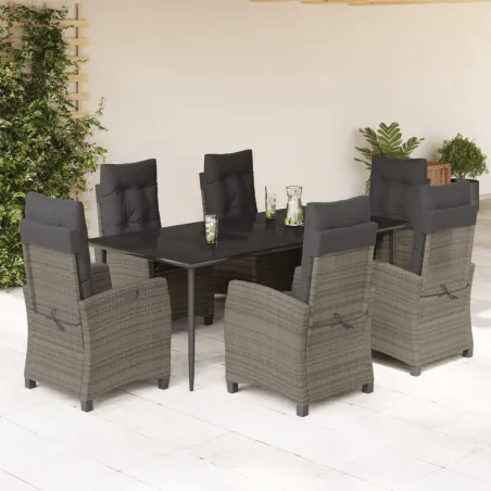 Ensemble à manger de jardin et coussins 7 pcs gris rotin
