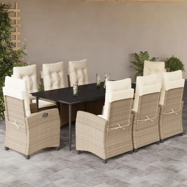 Ensemble à manger de jardin et coussins 9 pcs beige Poly rotin