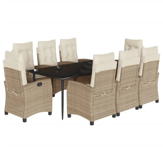 Ensemble à manger de jardin et coussins 9 pcs beige Poly rotin
