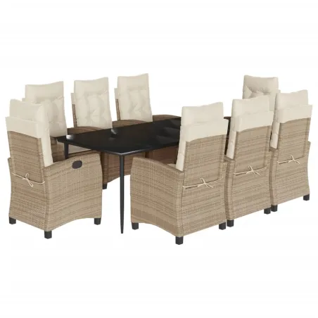 Ensemble à manger de jardin et coussins 9 pcs beige Poly rotin