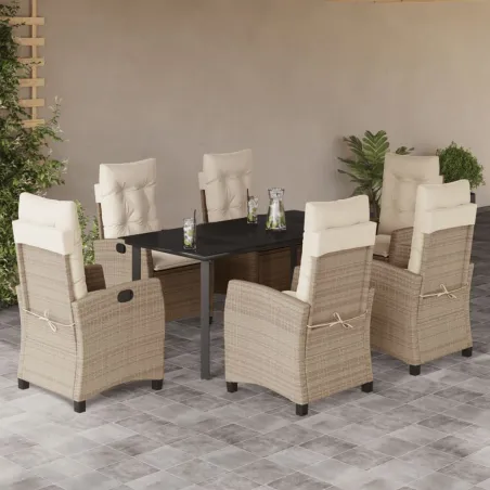 Ensemble à manger de jardin et coussins 7 pcs beige poly rotin