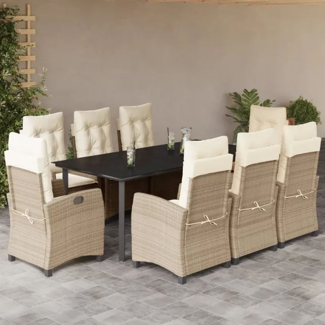 Ensemble à manger de jardin et coussins 9 pcs beige Poly rotin