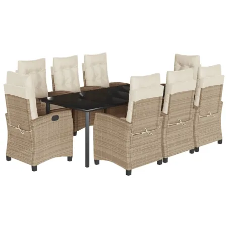 Ensemble à manger de jardin et coussins 9 pcs beige Poly rotin