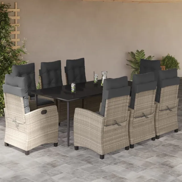 Ensemble à manger de jardin et coussins 9 pcs gris clair rotin