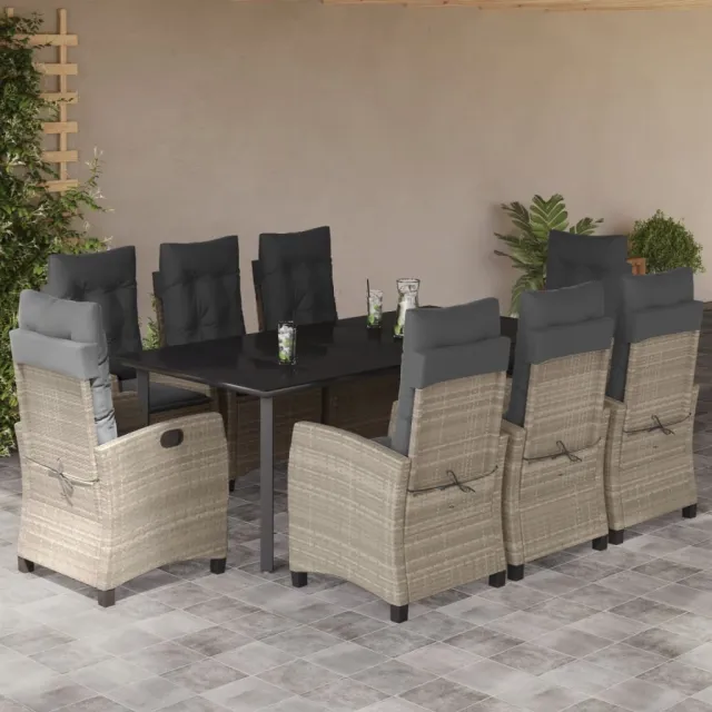 Ensemble à manger de jardin et coussins 9 pcs gris clair rotin