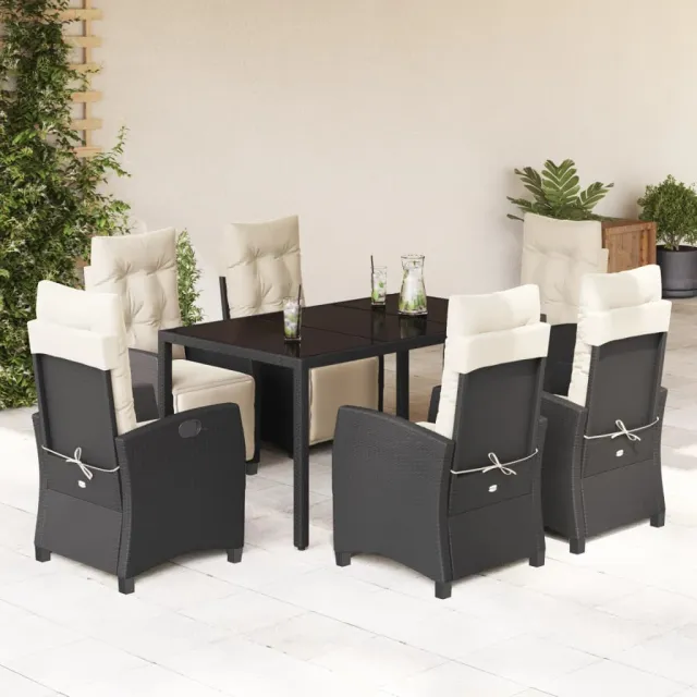Ensemble à manger de jardin coussins 7pcs Noir Résine tressée
