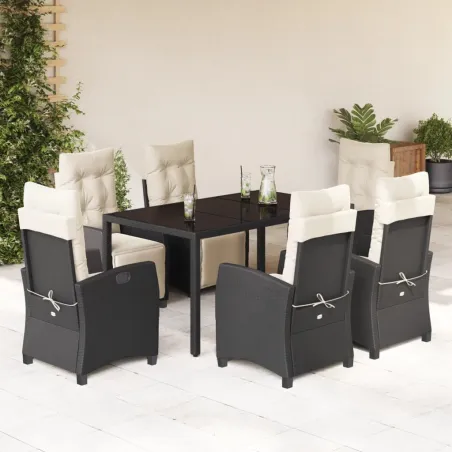Ensemble à manger de jardin coussins 7pcs Noir Résine tressée