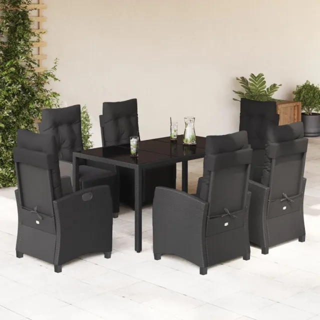 Ensemble à manger de jardin coussins 7pcs Noir Résine tressée