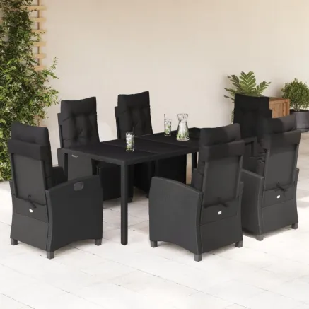 Ensemble à manger de jardin coussins 7pcs Noir Résine tressée