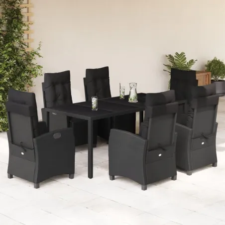 Ensemble à manger de jardin coussins 7pcs Noir Résine tressée