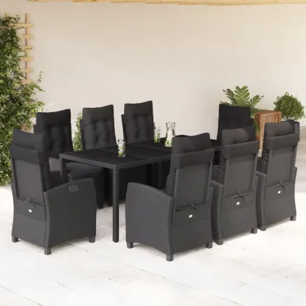 Ensemble à manger de jardin 9pcs coussins noir résine tressée