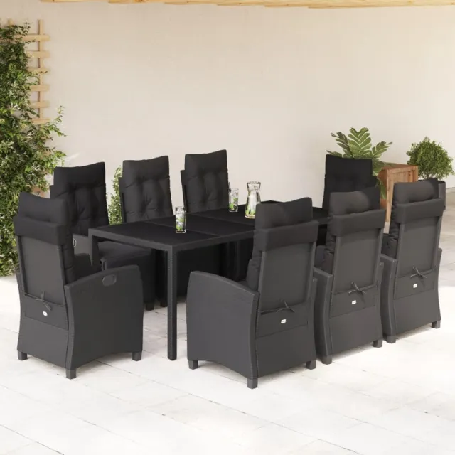 Ensemble à manger de jardin 9pcs coussins noir résine tressée