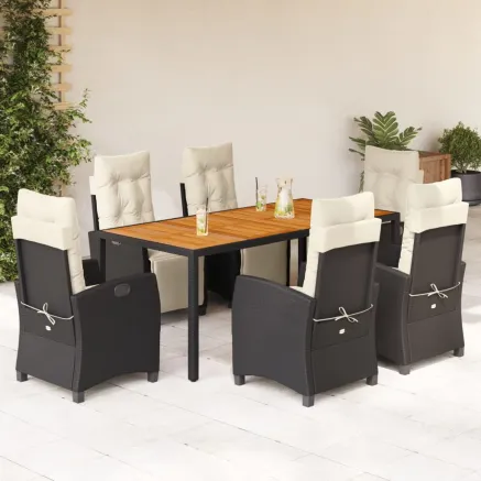 Ensemble à manger de jardin coussins 7pcs Noir Résine tressée