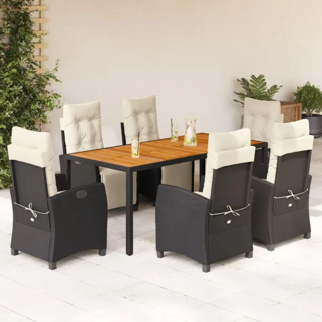 Ensemble à manger de jardin coussins 7pcs Noir Résine tressée