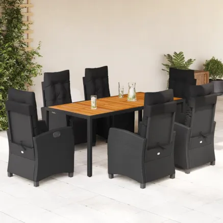 Ensemble à manger de jardin coussins 7pcs Noir Résine tressée