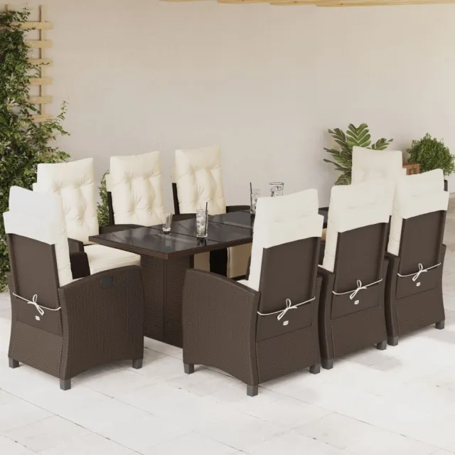 Ensemble à manger de jardin et coussins 9 pcs marron poly rotin