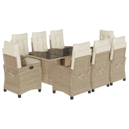 Ensemble à manger de jardin et coussins 9 pcs beige Poly rotin