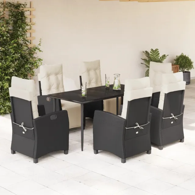 Ensemble à manger de jardin coussins 7pcs Noir Résine tressée