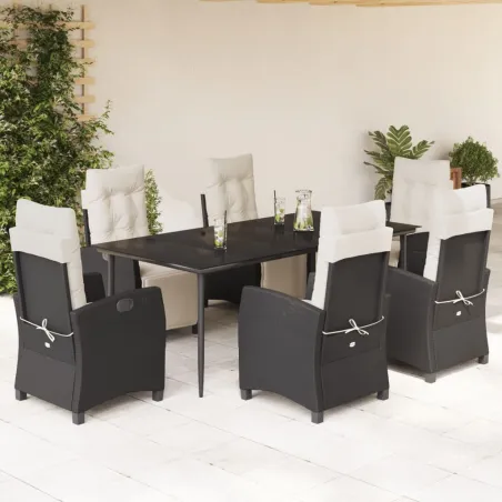 Ensemble à manger de jardin coussins 7pcs Noir Résine tressée