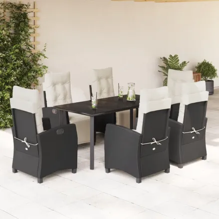 Ensemble à manger de jardin coussins 7pcs Noir Résine tressée