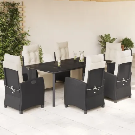 Ensemble à manger de jardin coussins 7pcs Noir Résine tressée
