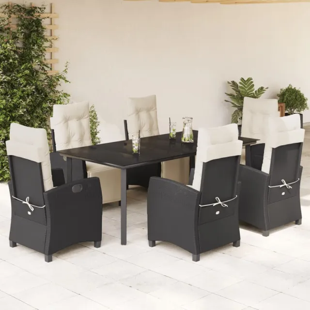Ensemble à manger de jardin coussins 7pcs Noir Résine tressée