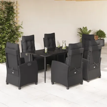 Ensemble à manger de jardin coussins 7pcs Noir Résine tressée