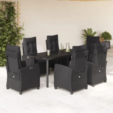 Ensemble à manger de jardin coussins 7pcs Noir Résine tressée