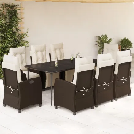 Ensemble à manger de jardin et coussins 9 pcs marron poly rotin