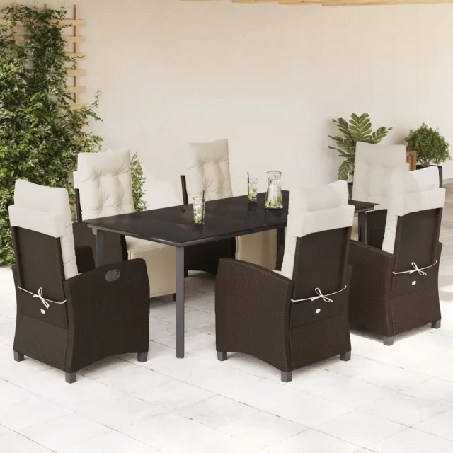 Ensemble à manger de jardin et coussins 7 pcs marron rotin