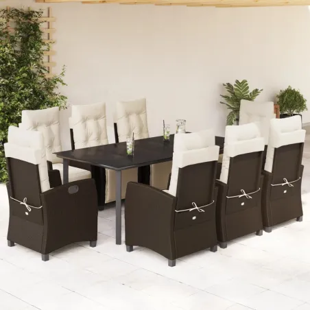 Ensemble à manger de jardin et coussins 9 pcs marron poly rotin