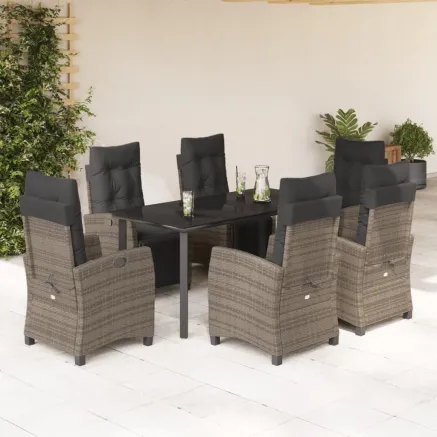Ensemble à manger de jardin et coussins 7 pcs gris rotin