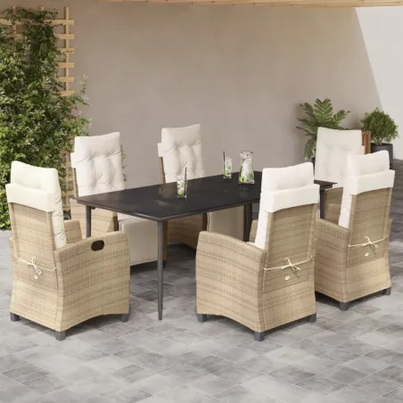 Ensemble à manger de jardin et coussins 7 pcs beige poly rotin